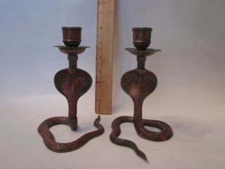 Antique Vintage Brass Cobra Snake Candlestick Holder Candle India Pair