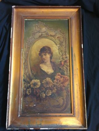 Antique Portrait Of Woman W/ Flowers,  Late 1800s,  Gold - Leaf Look Frame,  Scotland