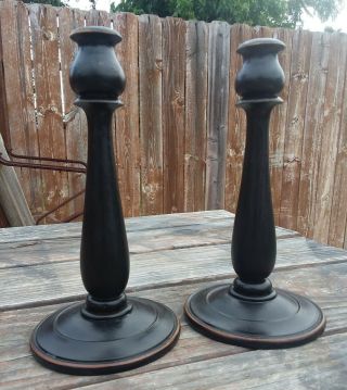 2 Vintage Wood Taper Candlesticks Candle Holders 9 " Set Pair Black Distressed