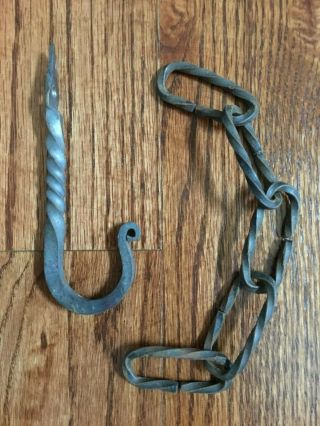 Vintage Cast Iron Hook And Chain Links Hand Forged By Blacksmith Rustic Decor