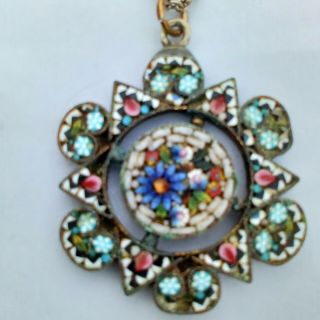 Antique Edwardian Italian Micro Mosaic Pendant Necklace Silver Chain C 1900 - 10