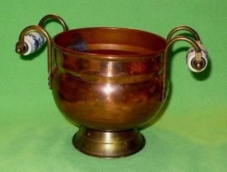 Vintage Copper Pot / Planter W/brass Pedestal Base Delft Style Porcelain Handles