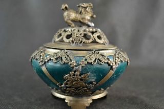 Exquisite chinese Tibetan silver carving kylin inlay jade Incense burner 2