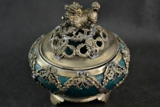 Exquisite chinese Tibetan silver carving kylin inlay jade Incense burner 3