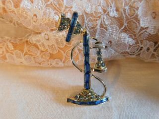 Vintage Antique Telephone Brooch Pin Sapphire Blue And Clear Rhinestone 2 " By 1 "