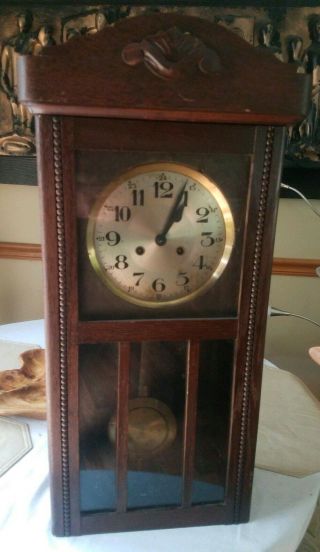 Antique German Wall Clock Arts & Crafts Style Finish Runs Oak Case