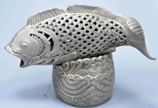Collectable Ancient Miao Silver Carve Hollow Out Goldfish Use Old Incense Burner
