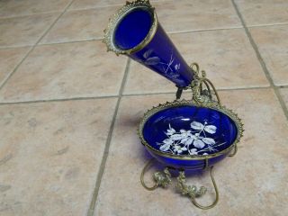 Antique French Enameled Cobalt Glass,  Bronze Mounted Epergne Vase & Bowl