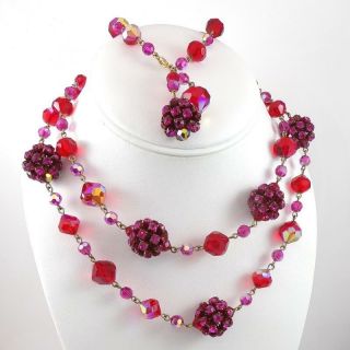 Vendome Vintage Red Pink Glass Dangle Modernist Abstract Necklace Bracelet Qxl9