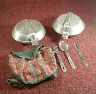 1970s Boy Scouts Mess Kit W/ Lid 2 Pans W/utensils & 1 Girl Scout Carrying Bag