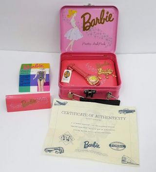 1994 Fossil Pretty And Pink Barbie Watch Charm Brooch Lunchbox Case Limited