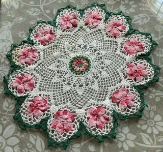 2 Large Vintage Antique Doillies With Pink Flowers 2