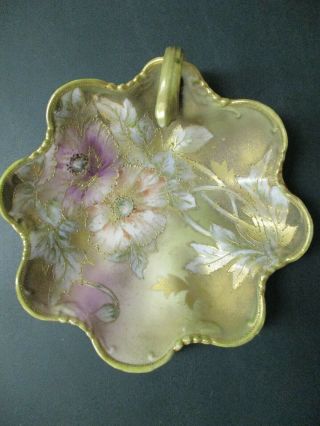 Antique Nippon Hand Painted Gold Moriage Beaded Candy Nut Dish Maple Leaf Mark