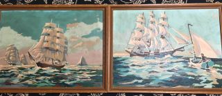 2 Vintage Paint By Number Paintings Ships At Sea Boats Ocean