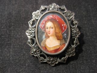 Antique Painted Miniature Portrait Of Young Woman Pendant Brooch Marcasite Frame