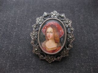 Antique Painted Miniature Portrait of Young Woman Pendant Brooch Marcasite Frame 2