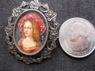 Antique Painted Miniature Portrait of Young Woman Pendant Brooch Marcasite Frame 3