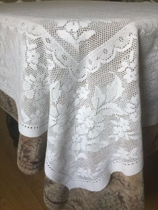 Vintage Linen Tablecloth - Large White Lace Floral Tablecloth 48 " X 40 "
