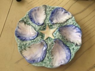 Antique Oyster Plate 6 Wells Starfish Center Marked Portugal Blue Green