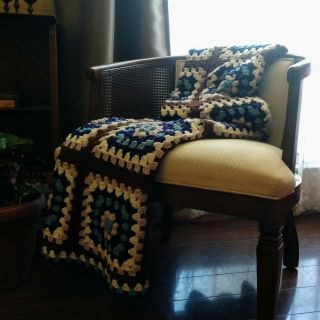 Vintage Handmade Crochet Granny Square Afghan Throw Blanket 82 X 56 Blue & Brown
