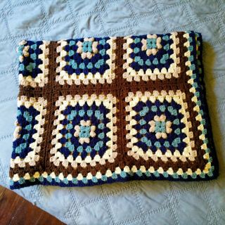 Vintage Handmade Crochet Granny Square Afghan Throw Blanket 82 x 56 Blue & Brown 4