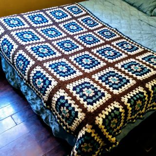 Vintage Handmade Crochet Granny Square Afghan Throw Blanket 82 x 56 Blue & Brown 5