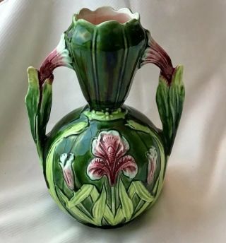 Antique Majolica Art Nouveau Bud Vase Iris & Leaf Handles Sign Jj