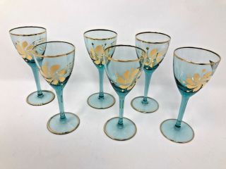 Gorgeous Antique Teal & Gold Sherry Port Wine Glass - Set Of 6