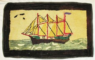 Antique Hand Made Wool Hooked Rug Multicolor Sailing Ship 5 Masted