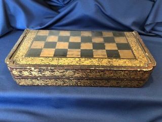 Antique Chess Set Backgammon Game Board Folding Wood Box W/ Asian Chess Figures