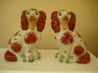 Pair Staffordshire Russet & White Spaniel Dog Figures Vintage/antique?
