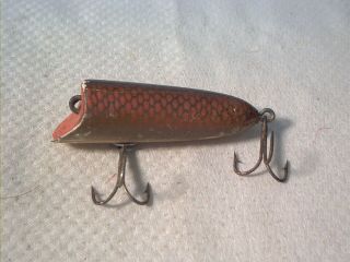Vintage Old Wood Fishing Lure Heddon Baby Lucky 13 Red Scale