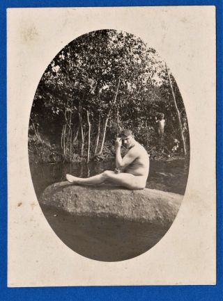 Handsome Nude Man On A Rock In The Middle Of A River,  Antique Photo