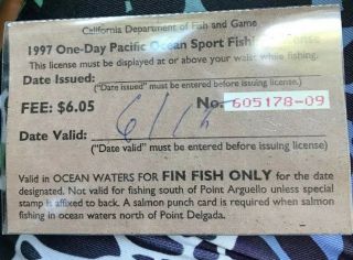 1997 California 1 Day Pacific Ocean Sport Fishing License with Plastic Case Pin 3