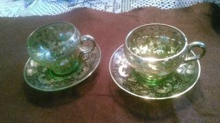 Antique Moser Bohemian Green Glass Demitasse Cup Saucer Gilded Enameled Set Of 2