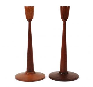 Pair Vintage Turned Walnut Wood Candle Holders Candlesticks Mid - Century Modern