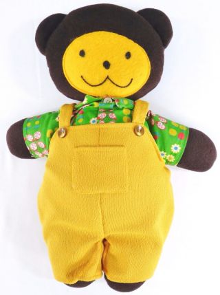 Vintage Brown Plush Teddy Bear Stuffed Animal Handmade Overalls Shirt Felt