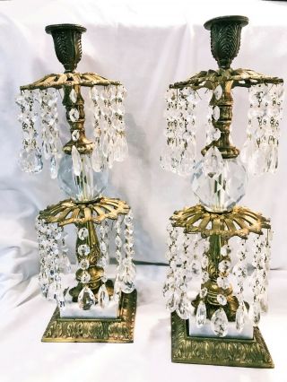 Antique Set Of 2 Candle Holders Gilt Brass & Crystal With Prisms By L & L Co.