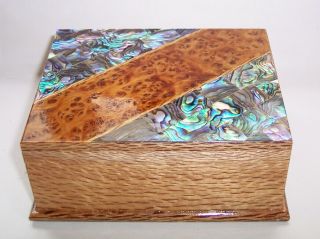 Vintage Wooden Trinket Jewellery Box Inlaid Paua Shell & Burl Wood Zealand