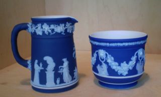 Antique Wedgwood England Dark Blue Jasperware Greek Scenes Open Sugar & Creamer