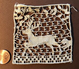 Vintage Needlewoven Machine Lace Square - Deer And Dog - Sew Craft Collect