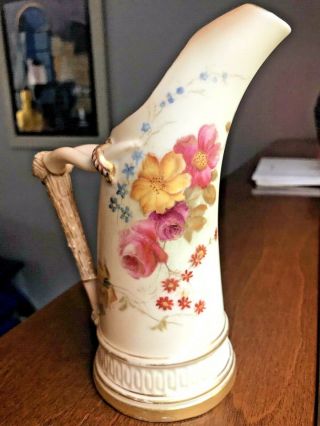 Gorgeous Antique Hand Painted Floral Royal Worcester Porcelaintusk Ewer Vase