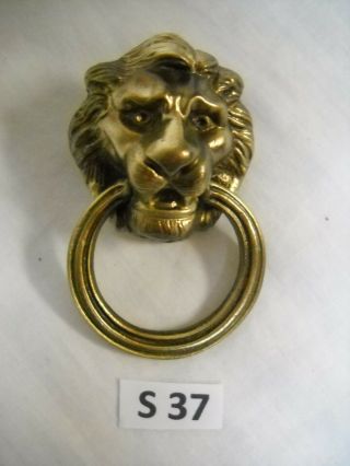 Antique Heavy Brass Lion Head Ring Drawer Pull.