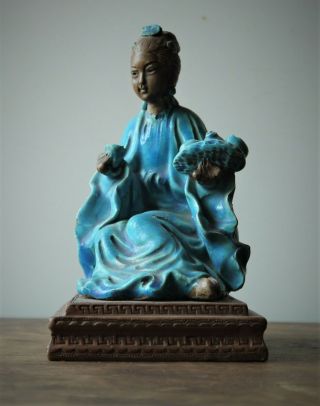 Turquoise Glazed Yixing / Shiwan Figure Of Chinese Imperial Woman - One Of Pair