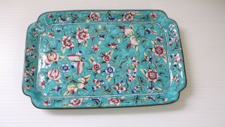 Vintage Small Metal Tray Asian Floral Design Turquoise - Made In China - Pre - Own