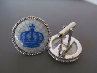 Vintage Denmark Royal Copenhagen Blue Porcelain Crown Mens Cufflinks Silver Tone