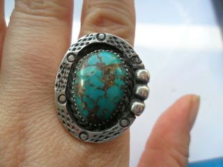 Vintage Antique Jewellery Signed Navajo Turquoise Chunky Silver Ring