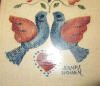 Vintage love birds and heart small theorem painting signed Sandy Honan 2