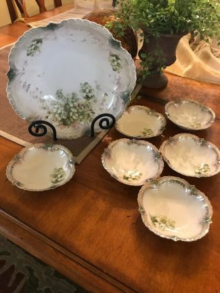 Lovely 7pc.  Antique RS Prussia Bowl & 6 Serving.  Hand Painted Dogwood Gold Trim 2