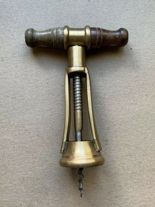 Antique Vintage Heavy Brass Style Open Frame Corkscrew W/wooden Handle Opener